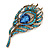Vintage Blue/Teal Swarovski Crystal 'Peacock Feather' Brooch In Burn Gold - 8cm Length