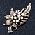 White Simulated Pearl, Clear Crystal Floral Brooch In Burn Gold Metal - 67mm Length - view 2