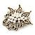 Vintage Style White Simulated Pearl Cluster, Clear Crystal Brooch In Burn Gold Metal - 50mm Length - view 2