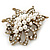Vintage Style White Simulated Pearl Cluster, Clear Crystal Brooch In Burn Gold Metal - 50mm Length - view 6