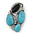 Vintage Asymmetrical Turquoise Stone, Crystal Brooch/ Pendant In Antique Silver Metal - 65mm Length