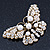 Vintage Simulated Pearl, Swarovski Crystal 'Butterfly' Brooch In Antique Gold Metal - 65mm Width - view 2