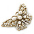 Vintage Simulated Pearl, Swarovski Crystal 'Butterfly' Brooch In Antique Gold Metal - 65mm Width - view 4