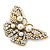 Vintage Simulated Pearl, Swarovski Crystal 'Butterfly' Brooch In Antique Gold Metal - 65mm Width - view 6