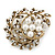 Vintage White Simulated Glass Pearl Crystal Floral Brooch In Burn Gold Metal - 5cm Width