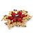 Filigree Red Crystal And Acrylic Bead Flower Brooch In Bright Gold Tone Metal - 60mm Diameter - view 3