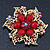 Filigree Red Crystal And Acrylic Bead Flower Brooch In Bright Gold Tone Metal - 60mm Diameter - view 2