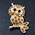 Cute Citrine Diamante 'Owl On The Branch' Brooch In Bright Gold Tone Metal - 45mm Length - view 4