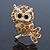 Cute Citrine Diamante 'Owl On The Branch' Brooch In Bright Gold Tone Metal - 45mm Length - view 2