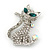 Cute 'Cat' With Green Eyes, Crystal Collar & Ball Brooch In Rhodium Plating - 43mm Length - view 6