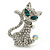 Cute 'Cat' With Green Eyes, Crystal Collar & Ball Brooch In Rhodium Plating - 43mm Length - view 2