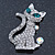 Cute 'Cat' With Green Eyes, Crystal Collar & Ball Brooch In Rhodium Plating - 43mm Length - view 3