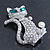 Cute 'Cat' With Green Eyes, Crystal Collar & Ball Brooch In Rhodium Plating - 43mm Length - view 4