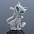 Cute 'Cat' With Green Eyes, Crystal Collar & Ball Brooch In Rhodium Plating - 43mm Length