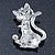 Cute 'Cat' With Green Eyes, Crystal Collar & Ball Brooch In Rhodium Plating - 43mm Length - view 5