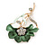 Grass Green Enamel Diamante 'Flower' Brooch In Gold Plating - 55mm Length - view 2