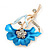 Azure Blue Enamel Diamante 'Flower' Brooch In Gold Plating - 55mm Length - view 2