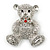 Rhodium Plated Crystal Teddy Bear With Bow&Heart Brooch - 45mm Across