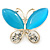 Sky Blue Cat's Eye Stone/ Diamante Butterfly Brooch In Gold Plating - 40mm Width - view 2