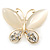 Milky White Cat's Eye Stone/ Diamante Butterfly Brooch In Gold Plating - 40mm Width - view 3