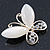 Milky White Cat's Eye Stone/ Diamante Butterfly Brooch In Gold Plating - 40mm Width - view 2