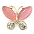 Pink Cat's Eye Stone/ Diamante Butterfly Brooch In Gold Plating - 40mm Width