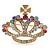 Gold Plated Multicoloured Swarovski Crystal 'Crown' Brooch - 45mm Width - view 7