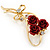 Triple Red Rose Diamante Brooch In Gold Plating - 55mm Across - view 5