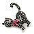 Jet Black Swarovski Crystal 'Cat With Pink Bow' Brooch In Rhodium Plating - 45mm Width - view 2
