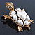 Vintage Inspired Simulated Pearl, Crystal 'Turtle' Brooch In Gold Plating - 60mm Length - view 2