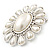 Vintage Inspired Rhodium Plated Simulated Pearl, Crystal Oval Brooch - 55mm Across - view 2