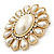 Vintage Inspired Gold Plated Simulated Pearl, Crystal Oval Brooch - 55mm Across - view 6