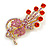 Orange Red, Pink, AB Austrian Crystal Floral Brooch In Bright Gold Metal - 65mm Length - view 3