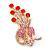 Orange Red, Pink, AB Austrian Crystal Floral Brooch In Bright Gold Metal - 65mm Length - view 10