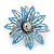 Small 3D Glittering Light Blue Flower Brooch In Silver Tone - 30mm Diameter - view 2