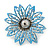 Small 3D Glittering Light Blue Flower Brooch In Silver Tone - 30mm Diameter