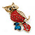 Hootin Red/ Teal Crystal Owl Brooch In Antique Gold Metal - 58mm Length - view 3