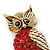 Hootin Red/ Teal Crystal Owl Brooch In Antique Gold Metal - 58mm Length - view 2