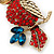 Hootin Red/ Teal Crystal Owl Brooch In Antique Gold Metal - 58mm Length - view 5