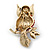 Hootin Red/ Teal Crystal Owl Brooch In Antique Gold Metal - 58mm Length - view 6