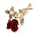 Classic Red Rose With Simulated Pearl Brooch In Gold Plating - 35mm Across - view 6