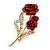 Gold Plated Red 'Roses' Diamante Brooch - 52mm Length - view 5