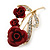 Gold Plated Red 'Roses' Diamante Brooch - 52mm Length - view 3