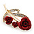 Gold Plated Red 'Roses' Diamante Brooch - 52mm Length - view 4