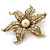 Gold Plated Textured, Crystal, Simulated Pearl 'Flower' Brooch - 55mm Width - view 3