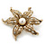 Gold Plated Textured, Crystal, Simulated Pearl 'Flower' Brooch - 55mm Width - view 4