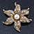 Gold Plated Textured, Crystal, Simulated Pearl 'Flower' Brooch - 55mm Width - view 2