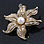 Gold Plated Textured, Crystal, Simulated Pearl 'Flower' Brooch - 55mm Width - view 5