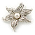 Silver Plated Textured, Crystal, Simulated Pearl 'Flower' Brooch - 55mm Width - view 5