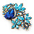 Vintage Inspired Azure, Sky Blue, Navy Blue Austrian Crystal Floral Corsage Brooch In Antique Gold Metal - 80mm Length - view 3